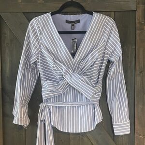 White House Black Market Blue and White Striped Wrap Blouse